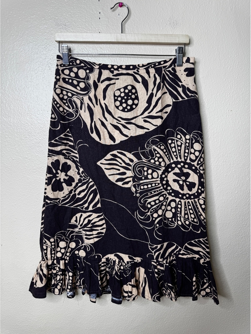 Zara Skirt Women’s M Y2K Brown Beige Floral Print Ruffle Hem Linen Blend